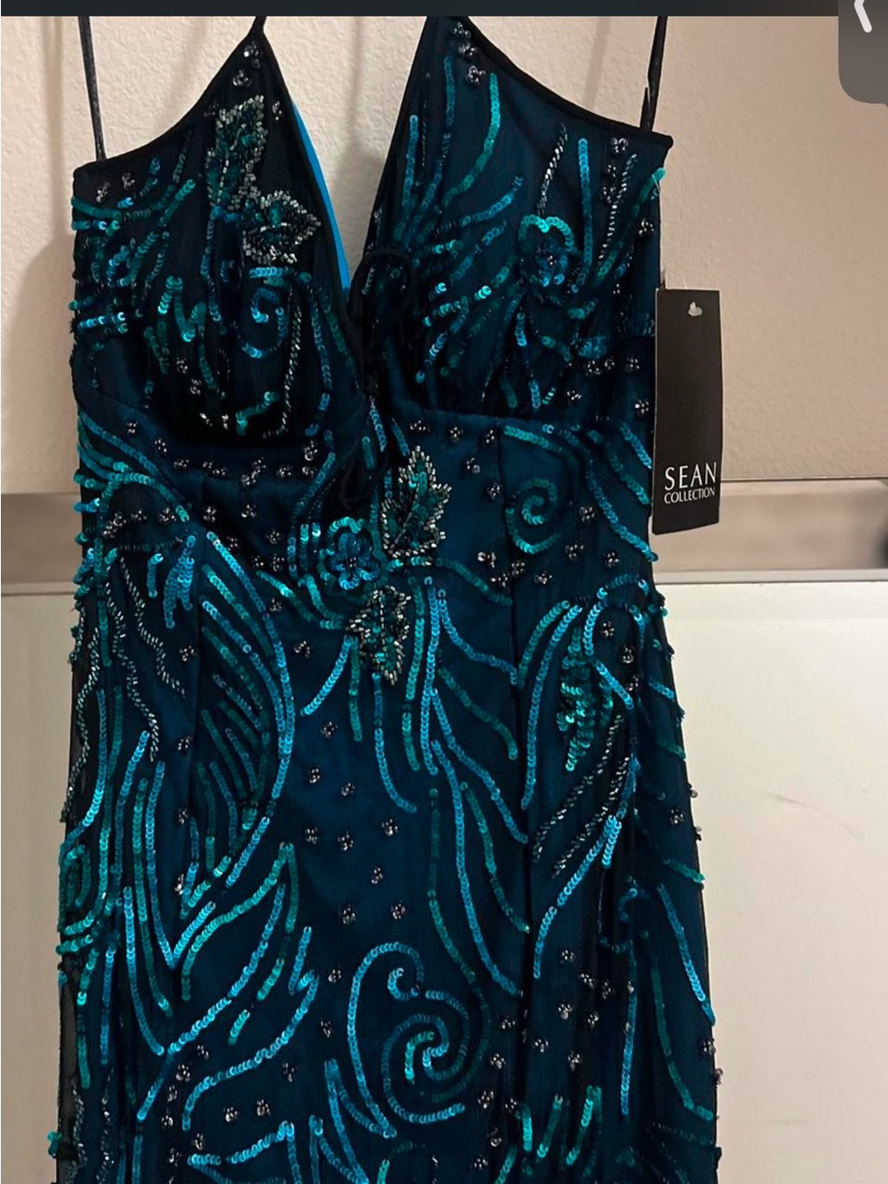 NWT Y2K Sean Collection Teal & Black Beaded Cocktail Gown is small